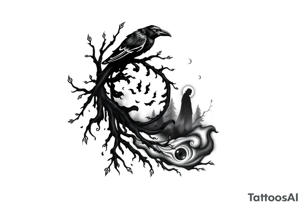 Tattoo design combining a black spiral, nature elements like roots, vines, fog, and flowing water, mythological symbols like Norse runes, a raven, and a shadowy wolf spirit. Include anime elements from Naruto and One Piece: Sharingan eye, chakra flames, Itachi silhouette, Kurama, Luffy in Gear 5, and Zoro’s swords. Style should be black and grey with red highlights, mystical, powerful, and artistic – blending nature, mythology, and anime tattoo idea