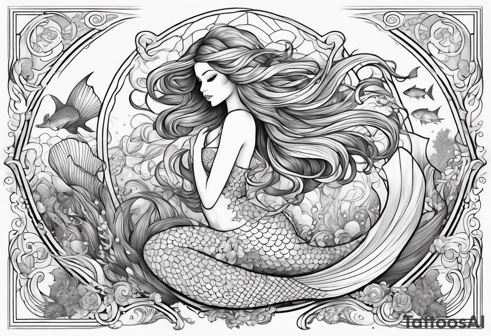 Beautiful full length mermaid under the sea with cascading hair and flowing tail. surrounded by sea creatures tattoo idea