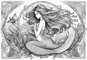 Beautiful full length mermaid under the sea with cascading hair and flowing tail. surrounded by sea creatures tattoo idea