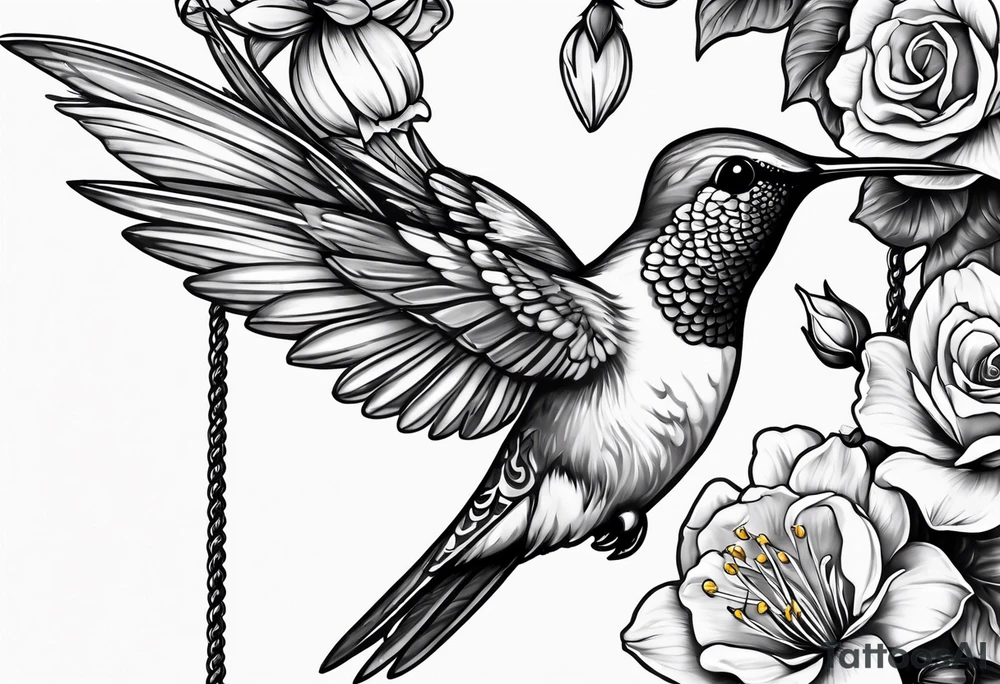 hummingbird with sad angel on swing coming out of tail feathers surrounded by rose, lily, daffodil, daisy, carnation, narcissus tattoo idea