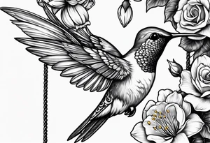 hummingbird with sad angel on swing coming out of tail feathers surrounded by rose, lily, daffodil, daisy, carnation, narcissus tattoo idea