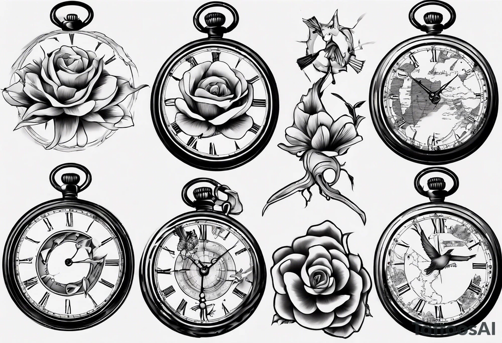 pocket watch, map , flower , bird tattoo idea