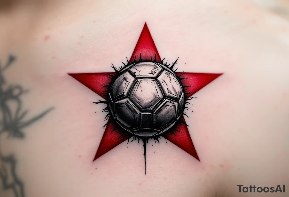A classic black-and-grey ball resting beneath a red Slavia star with a white background. tattoo idea