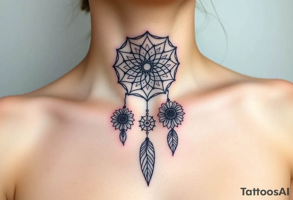 Dreamcatcher with zodiac symbols and protection runes caught in it with tigerlillies roses and sunflowers tattoo idea