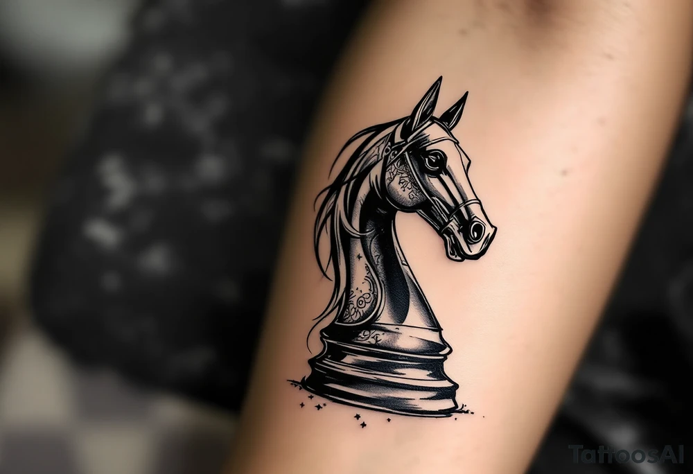 a knight of chess piece. it doesn't have legs, it's a chess piece. 
The knight piece is depicted in motion, slightly tilted forward as if it's charging or coming out of the shadows. The knight’s face is detailed but with a focus on the horse's strong features: its mane flowing in the wind, and the body etched with intricate details to represent strength and agility. The knight is emerging from a shadow, with the front part of the body illuminated in soft, warm light. The shadowed portions near the back and tail create a mystical aura. tattoo idea