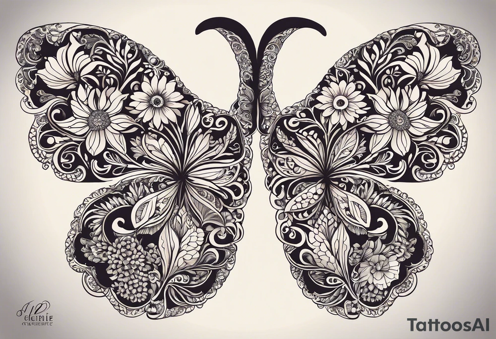 intricate and artistic arrangement of flowers and ornamental patterns that come together to form the shape of human lungs. The design should have a balance of delicacy and detail, with vibrant floral elements seamlessly intertwining to mimic the structure of the lungs, including the bronchi branching into floral motifs. Incorporate subtle shading and depth to give the tattoo a dynamic and organic feel, while maintaining elegance and symmetry tattoo idea