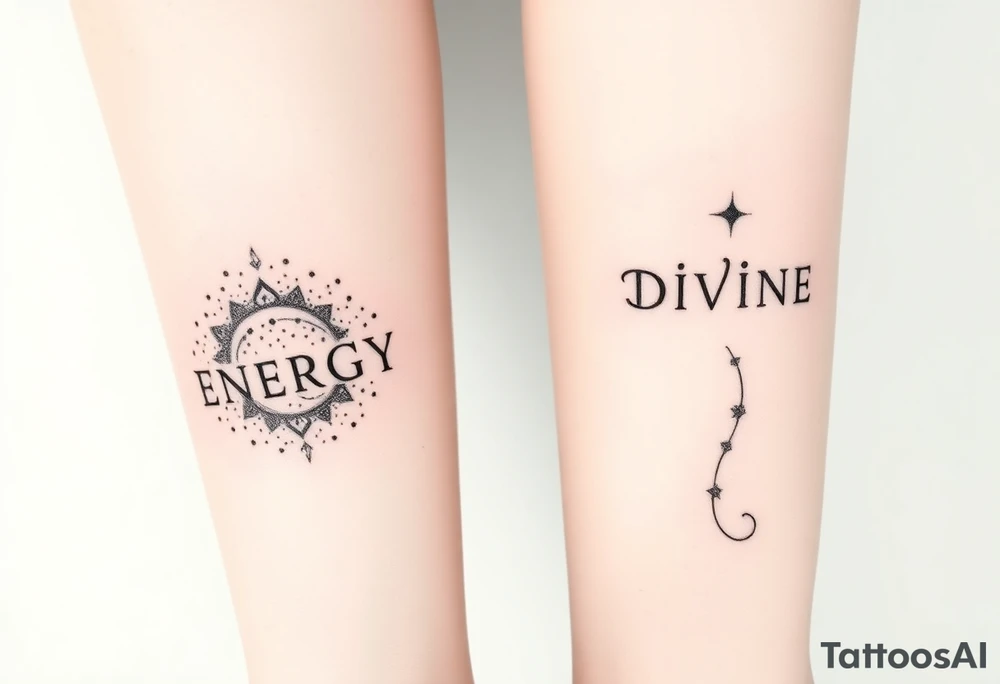 Two minimalist blackwork dotwork tattoos featuring the word ‘ENERGY’ on the left arm, balancing with ‘DIVINE’ on the right arm. Surrounding ‘ENERGY’ is a swirling nebula, stardust, or a comet, designed with intricate dot shading and fine linework. The tattoo is realistic yet subtle, creating a cosmic, ethereal feel while keeping a clean, minimalist aesthetic. The elements flow naturally, complementing the shape of the arm without overpowering the text. tattoo idea