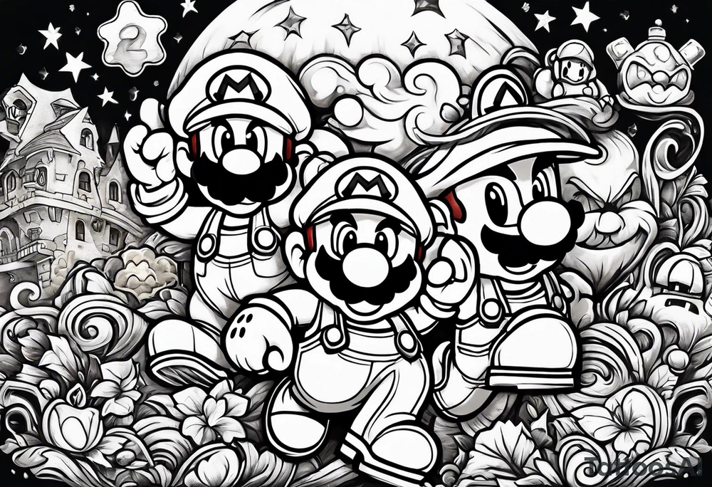 Mario brothers with ghosts and goombas with canons tattoo idea