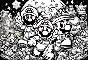 Mario brothers with ghosts and goombas with canons tattoo idea