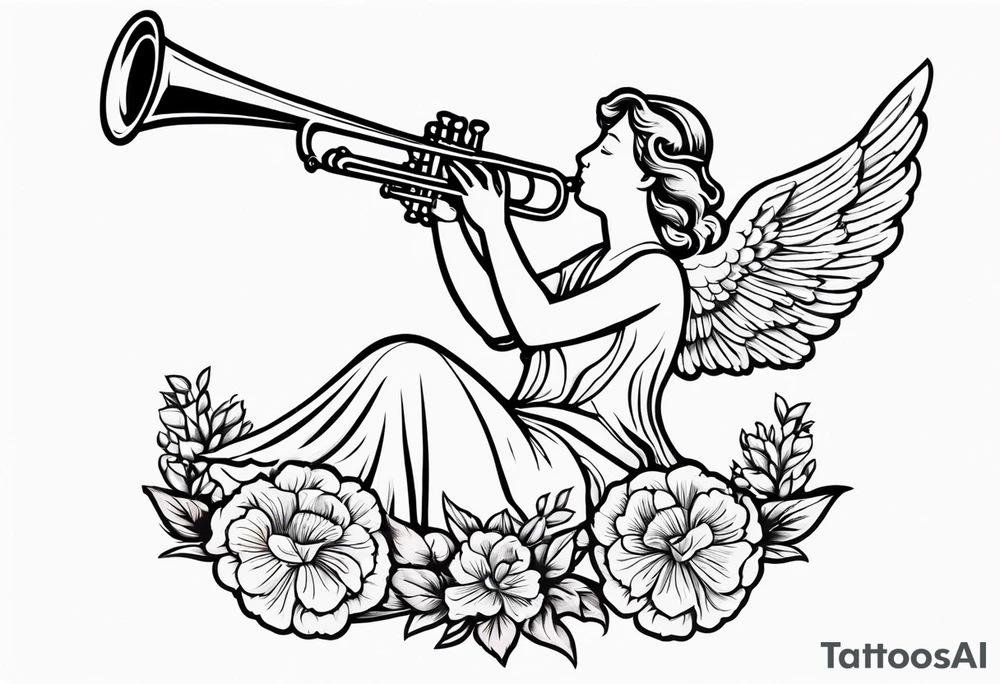 angel with trumpet
old school vintage simple traditional design with vintage flowers surrounding it bold color tattoo idea