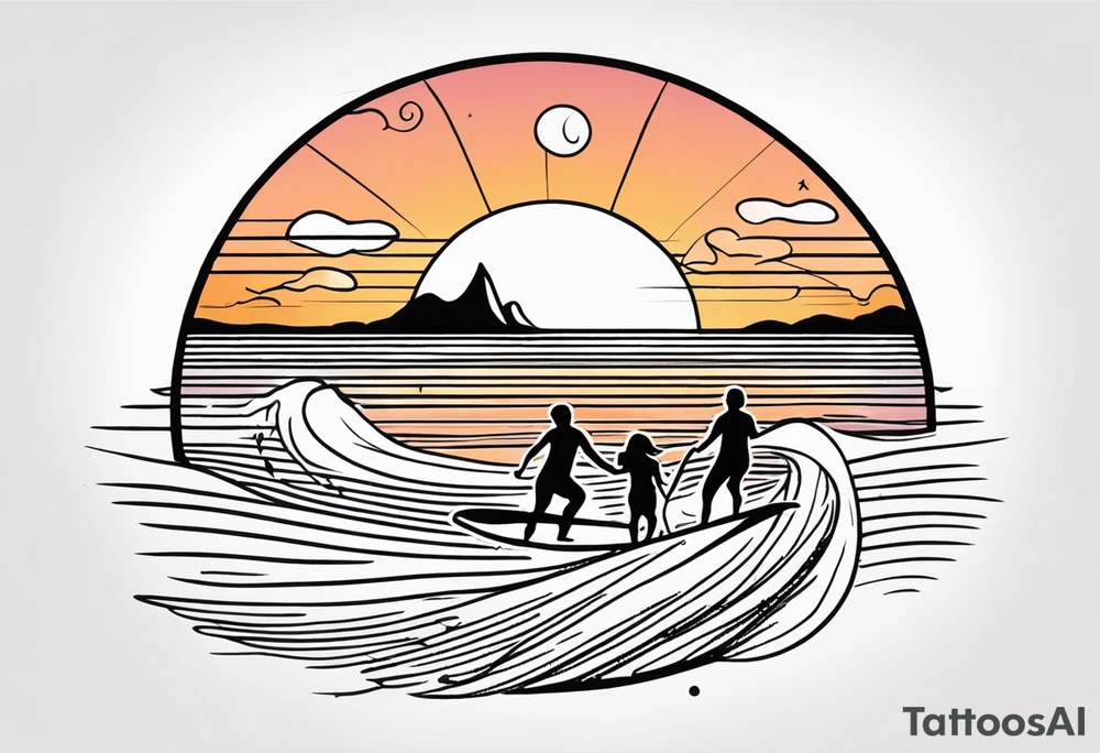 Black and white Line work tattoo depicting a father surfing with his two daughters.  The sunset and horizon have musical notes. tattoo idea