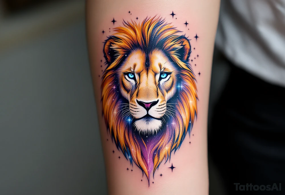 A Leo zodiac symbol and vivid leo star line constellation rests between the eyes of a golden lion whose mane dissolves into a trail of starlit purple and blue. tattoo idea