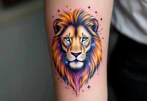 A Leo zodiac symbol and vivid leo star line constellation rests between the eyes of a golden lion whose mane dissolves into a trail of starlit purple and blue. tattoo idea