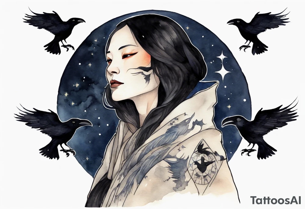 a beautiful 50-year-old Dakota woman wearing black cloak with ravens on her shoulders with the night sky in the background tattoo idea