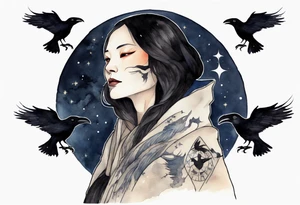 a beautiful 50-year-old Dakota woman wearing black cloak with ravens on her shoulders with the night sky in the background tattoo idea