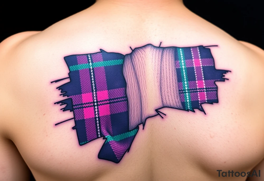 Dark Purple with green pink blue and white highlights tartan fabric on bicep with skin ripping away to reveal tartan underneath tattoo idea