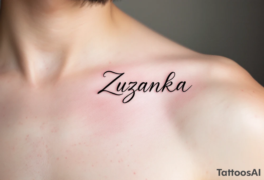Zuzanka written in gentle cursive, nestled among pastel pink and white daisies tattoo idea