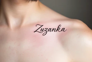 Zuzanka written in gentle cursive, nestled among pastel pink and white daisies tattoo idea