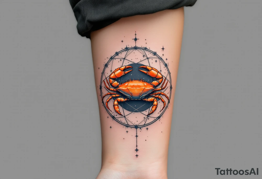 A vibrant orange crab rests at the center of the Cancer star constellation pattern on a muted charcoal background. tattoo idea