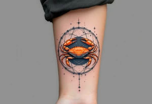 A vibrant orange crab rests at the center of the Cancer star constellation pattern on a muted charcoal background. tattoo idea