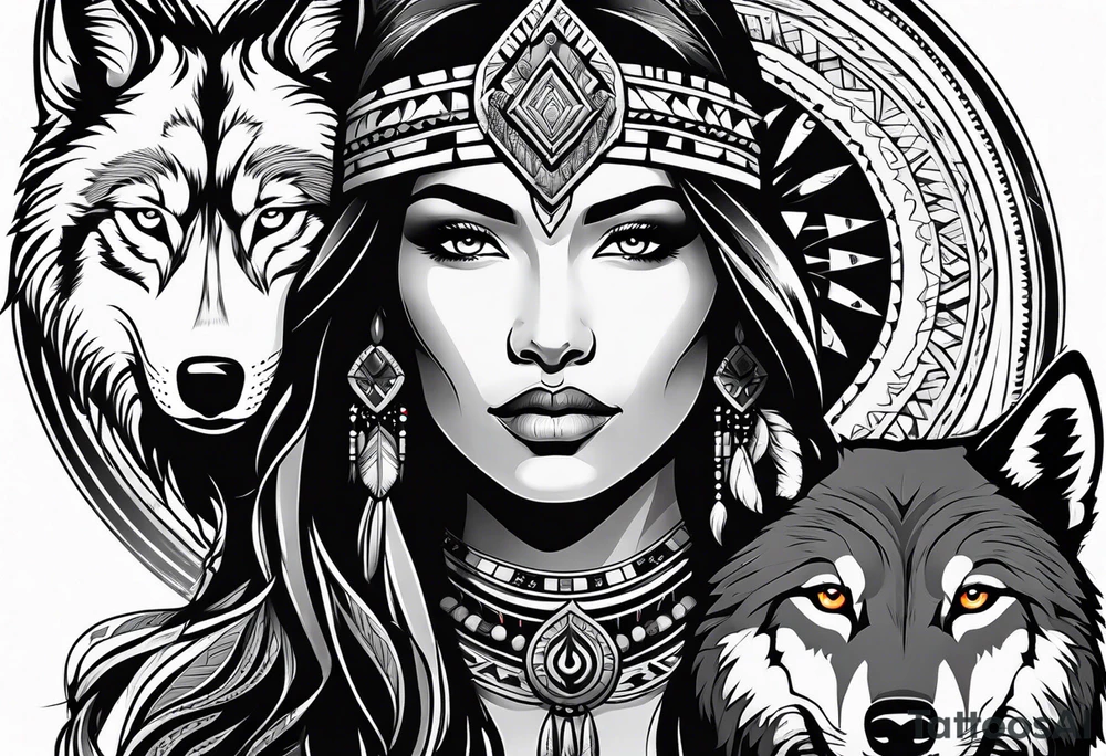 Native American woman with a wolf tattoo idea