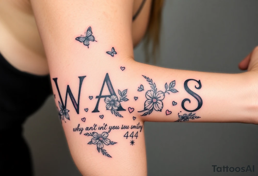 W.A.Y.S spelled out with why aren’t you smiling under neath it with flowers, butterflies and hearts with 444 tattoo idea