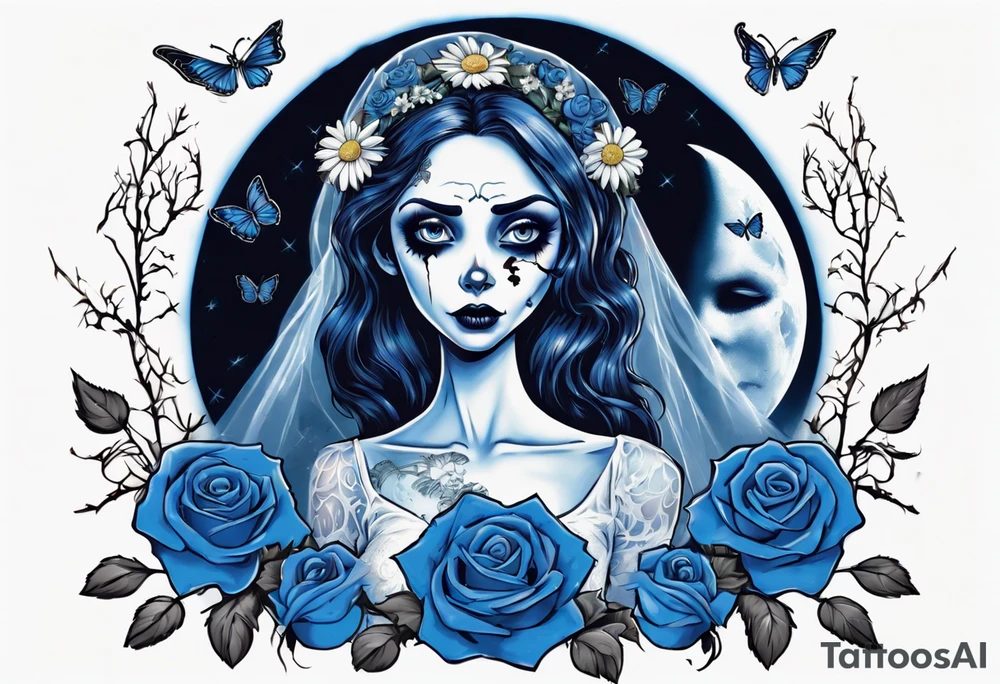 corpse bride Emily wearing a wedding dress. the vail on her head. she is holding a bouquet of blue roses in the middle of the bouquet  there is one white daisy. there is one blue butterfly flying around her. A full moon on the background. tattoo idea
