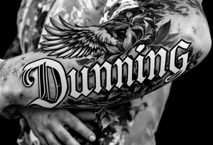 Dunning,on left forearm details include angel wing, greek type of font,jungle leaves , tiger claw scratch tattoo idea