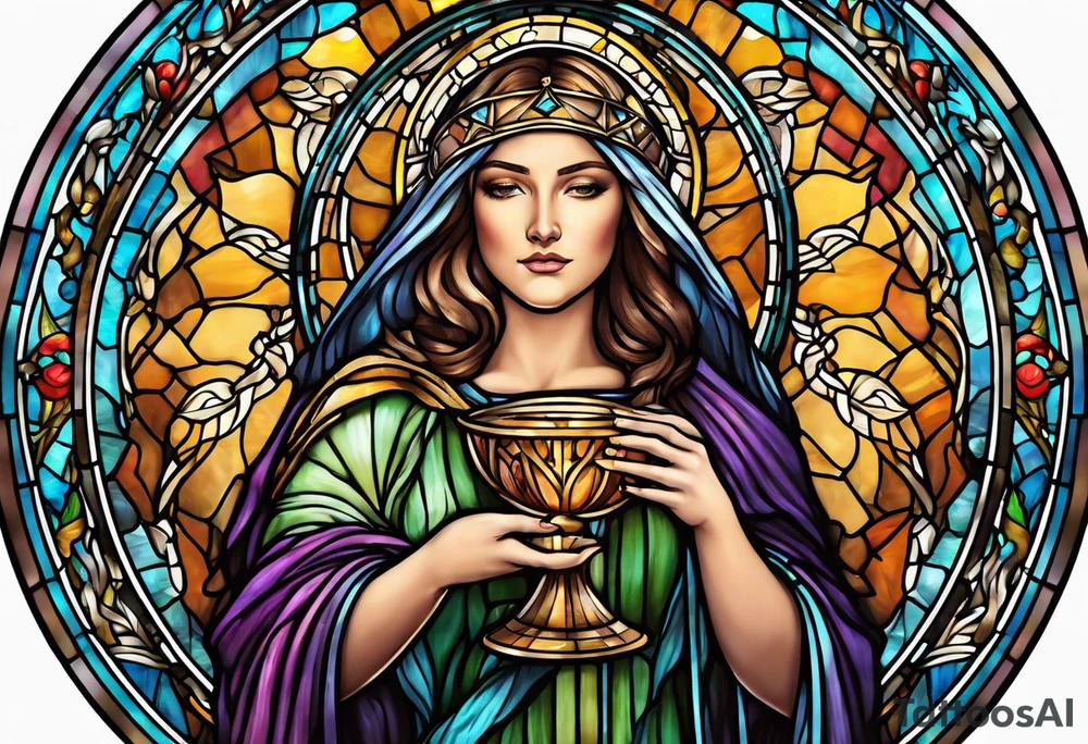 holy saint woman with halo stained glass holding a chalice tattoo idea