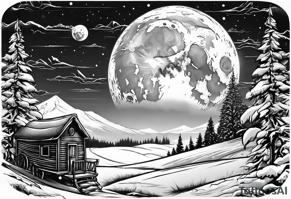 Snow machine,
snowshoes and a moon above tattoo idea
