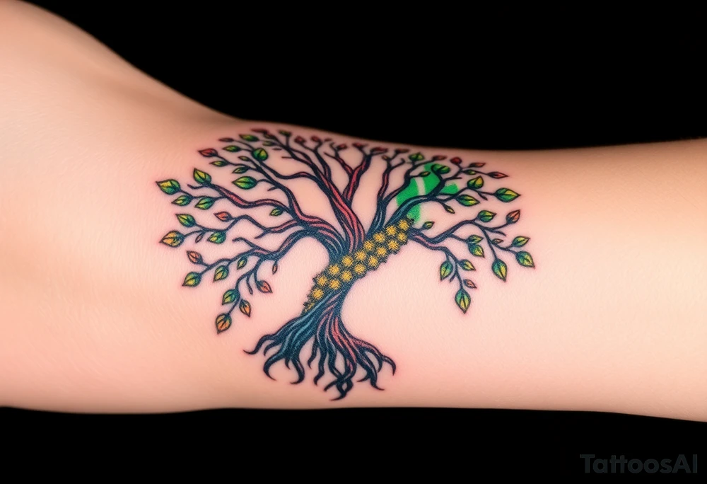Vibrant tree of life Jamaican colours one half and Irish colours one half tattoo idea