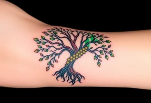 Vibrant tree of life Jamaican colours one half and Irish colours one half tattoo idea