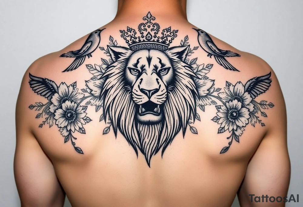 powerful majestic lion with a crown, surrounded by floral ornaments and birds tattoo idea