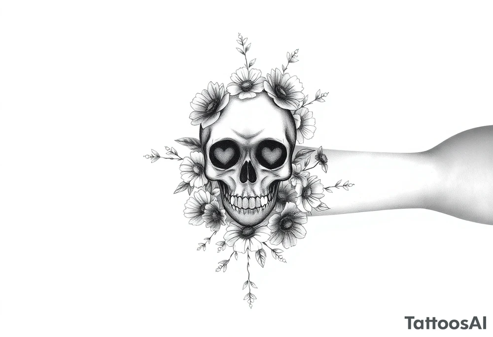 A forearm half sleeve with Gothic skull with heart eyes surrounded by wildflowers tattoo idea