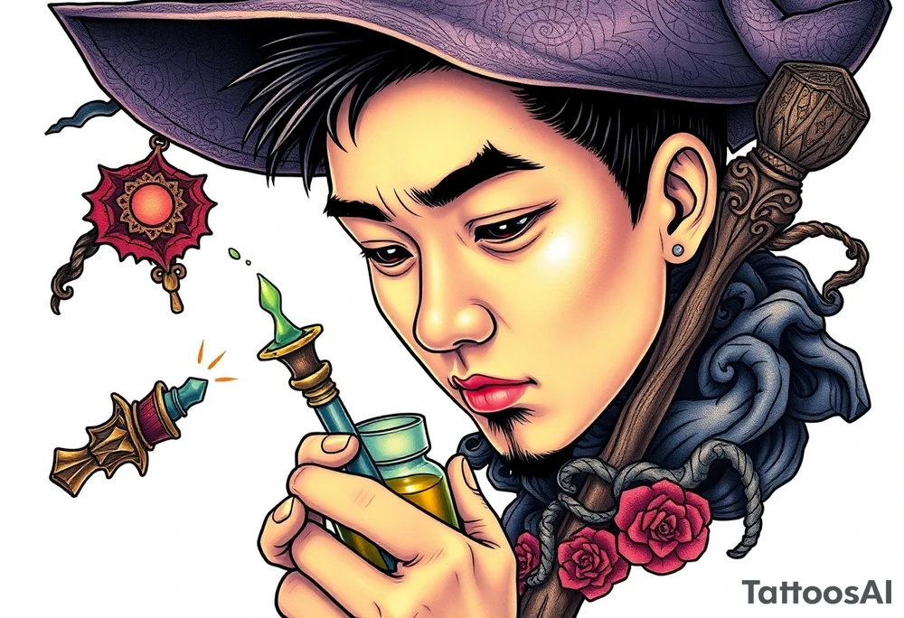 Handsome Asian young adult guy is  accidentally stumbled upon witch tools, supplies, artifacts, potions and exploring it curiously tattoo idea