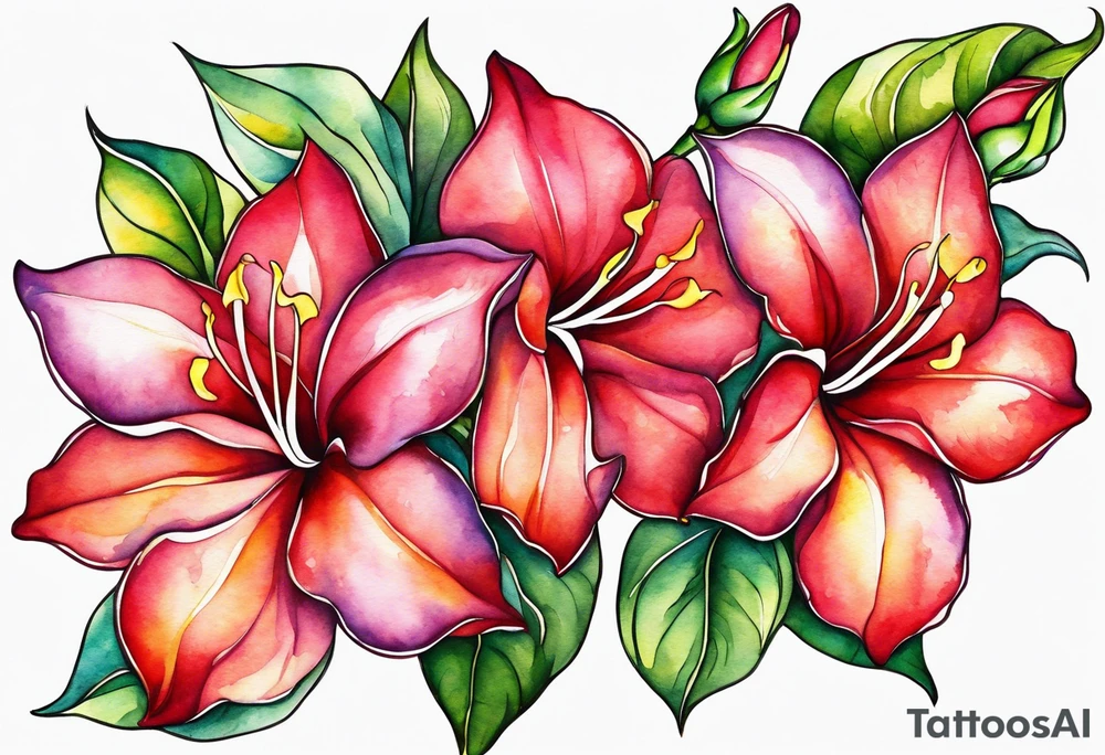abstract mandevilla flowers on a vine, part of it watercolor, part of it just line work tattoo idea