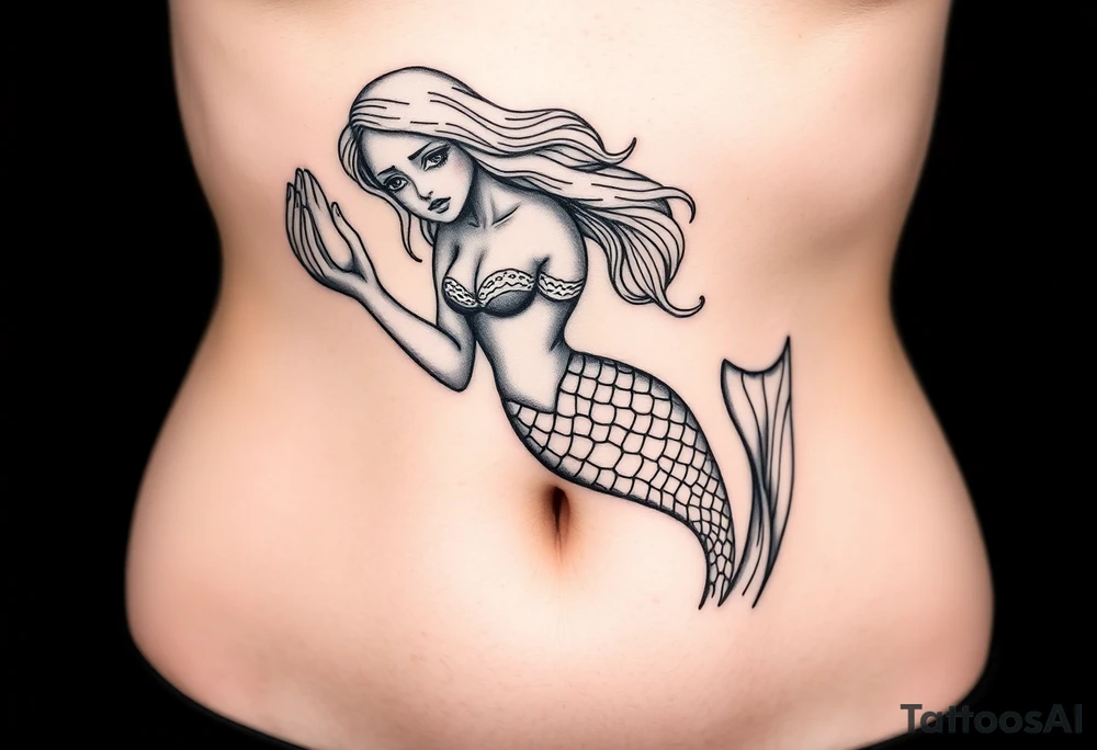 Full body mermaid with face slightly turned holding a shell in hand sad face detailed sculpture like face tattoo idea