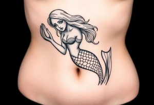 Full body mermaid with face slightly turned holding a shell in hand sad face detailed sculpture like face tattoo idea