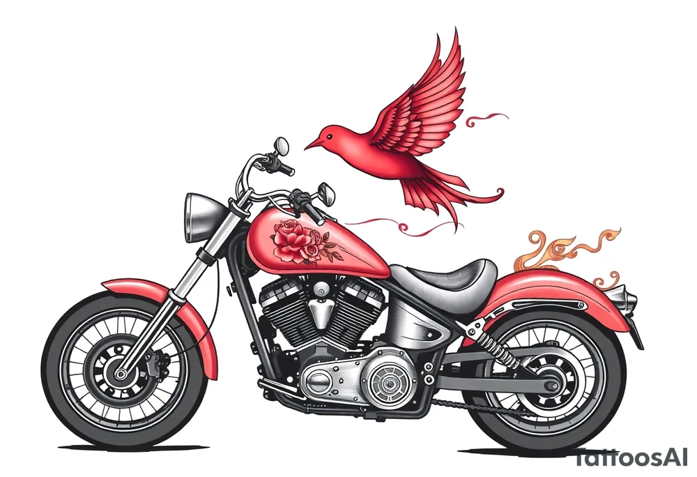 Motorcycle, red bird flying, roses and lace, flames tattoo idea