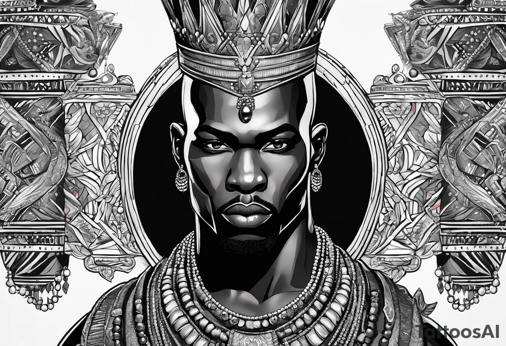 Black-skinned bald african warrior. He wears  a small silver crown. He wears two simple necklaces: one blue, other red. tattoo idea