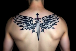 Wings wrapping up around surrounding a sword and diamond shaped stars tattoo idea