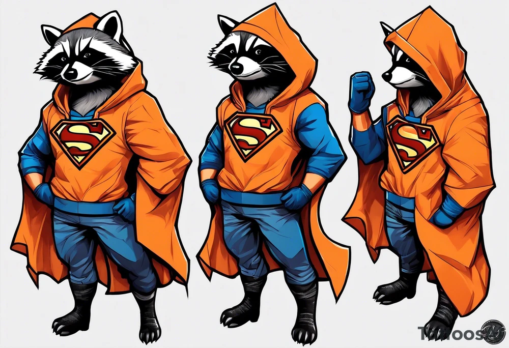 Raccoon wearing an orange Superman hoodie tattoo idea