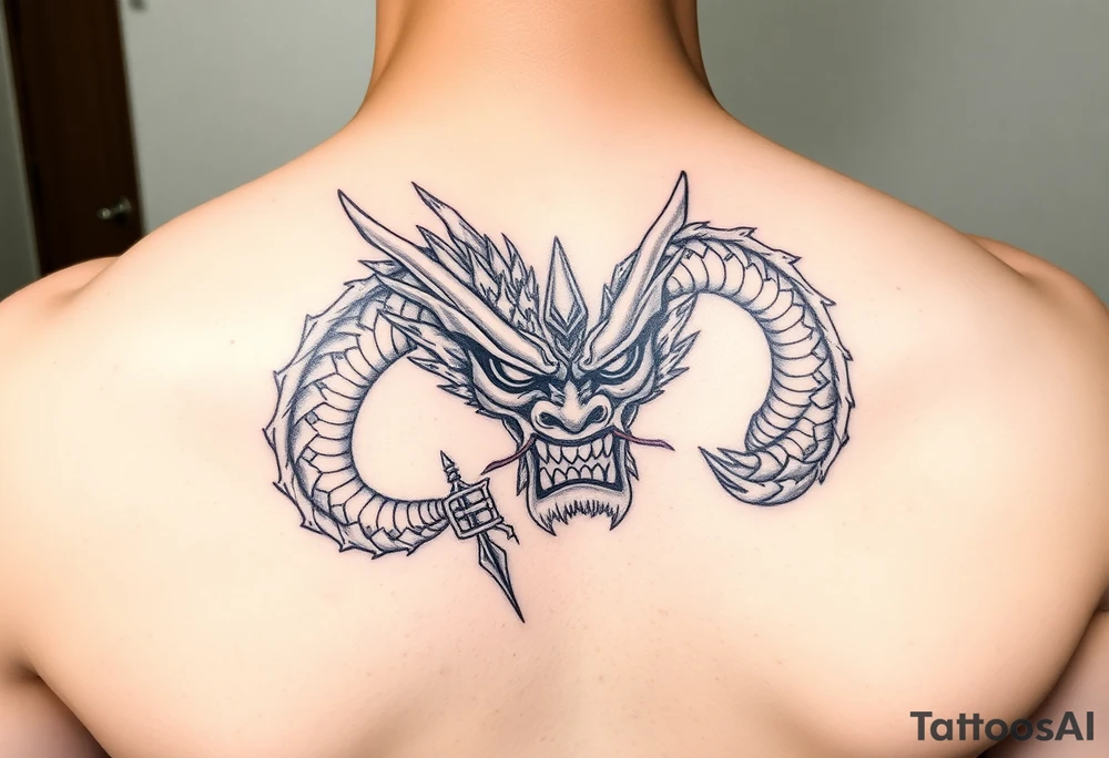 Divine dragon destroying a evil oni mask tattoo idea