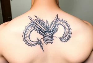 Divine dragon destroying a evil oni mask tattoo idea