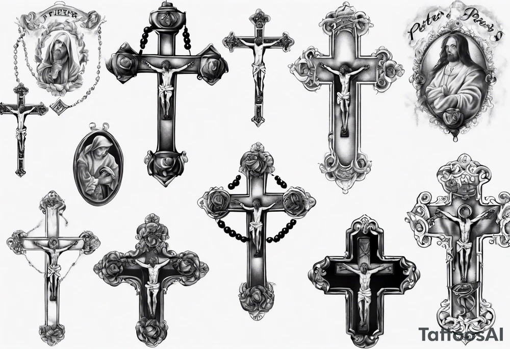 men’s arm sleeve, rosary, the name Peters, 1997, cross tattoo idea