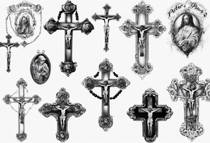 men’s arm sleeve, rosary, the name Peters, 1997, cross tattoo idea