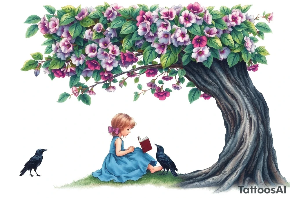 A tree of Impatiens walleriana, a little girl wearing a blue dress sitting under it while reading. A small raven watching her.


. tattoo idea