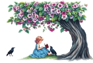 A tree of Impatiens walleriana, a little girl wearing a blue dress sitting under it while reading. A small raven watching her.


. tattoo idea