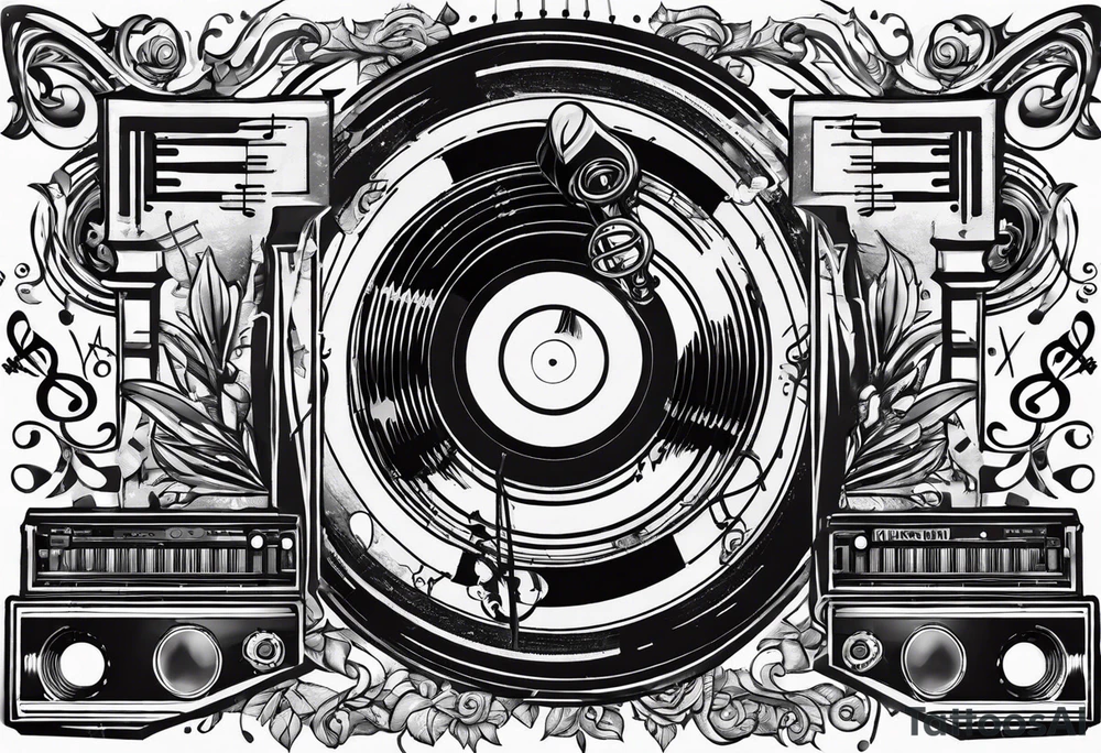 music notes surrounded by a record, a cassette tape, and saxophone parts tattoo idea