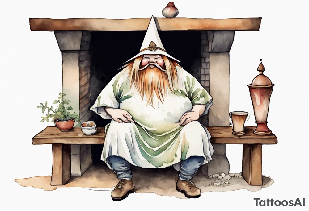 fat cousin it wearing a mushroom hat and medieval tunic sitting on a bench by a fireplace drinking from a wood cup, laughing tattoo idea